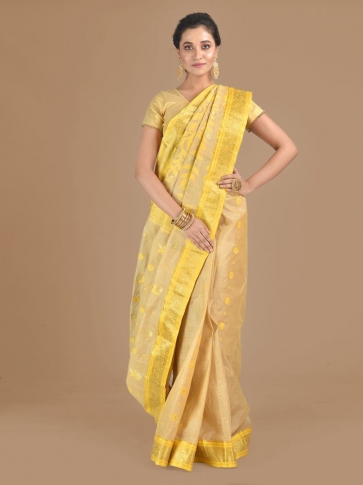 Beige with Yellow Tusser Cotton fine quality Hand woven saree