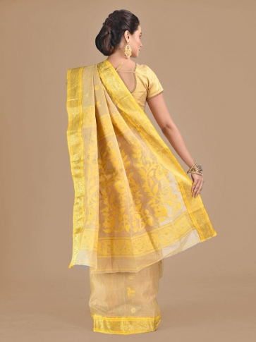 Beige with Yellow Tusser Cotton fine quality Hand woven saree 1