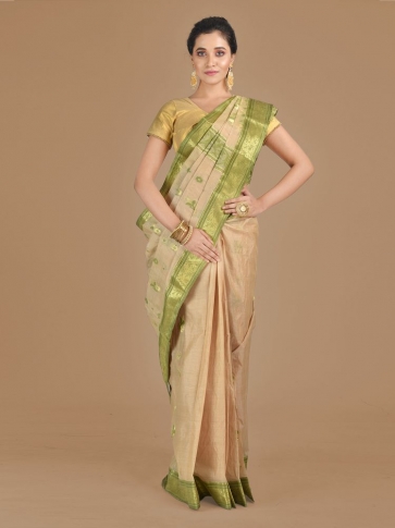 Beige with Green Tusser Cotton fine quality Hand woven saree