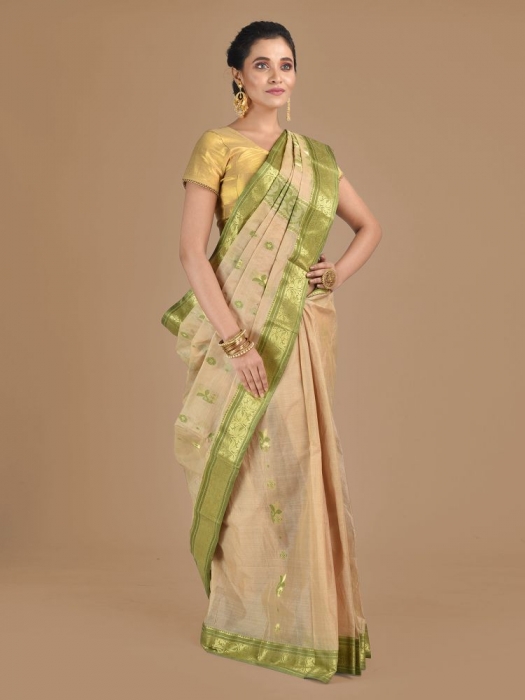 Beige with Green Tusser Cotton fine quality Hand woven saree 0