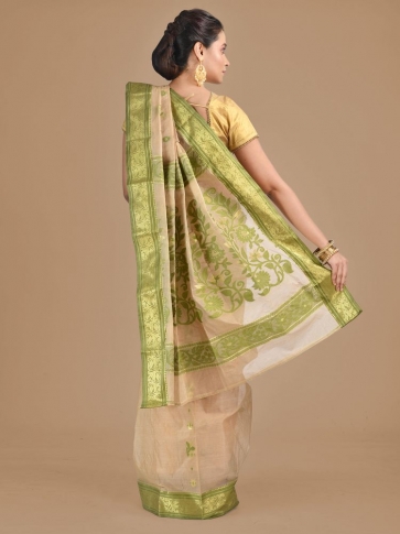 Beige with Green Tusser Cotton fine quality Hand woven saree 1