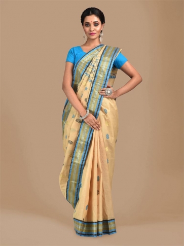 Beige with Blue Tusser Cotton fine quality Hand woven saree