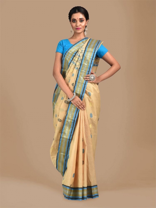 Beige with Blue Tusser Cotton fine quality Hand woven saree