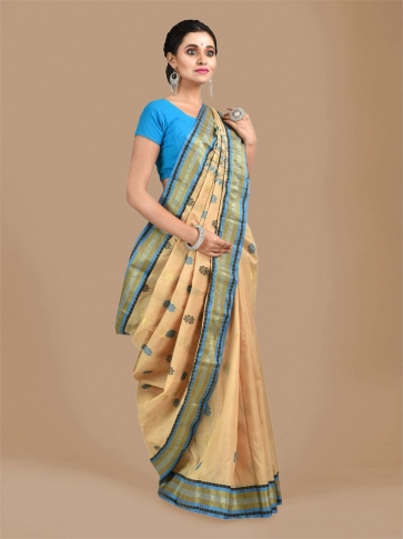 Beige with Blue Tusser Cotton fine quality Hand woven saree 0