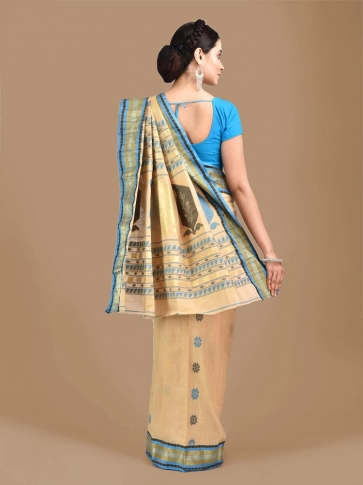 Beige with Blue Tusser Cotton fine quality Hand woven saree 1