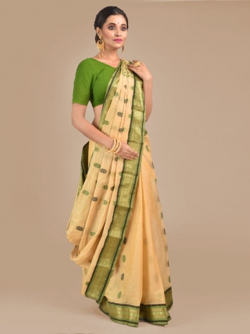 Beige with Green Tusser Cotton fine quality Hand woven saree 0