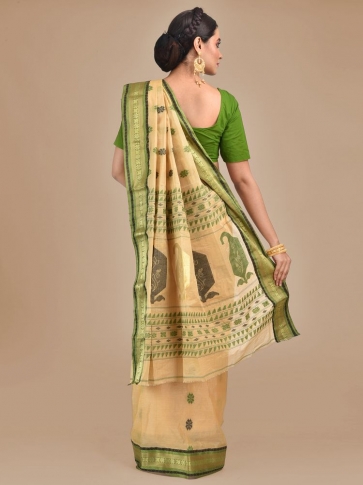Beige with Green Tusser Cotton fine quality Hand woven saree 1