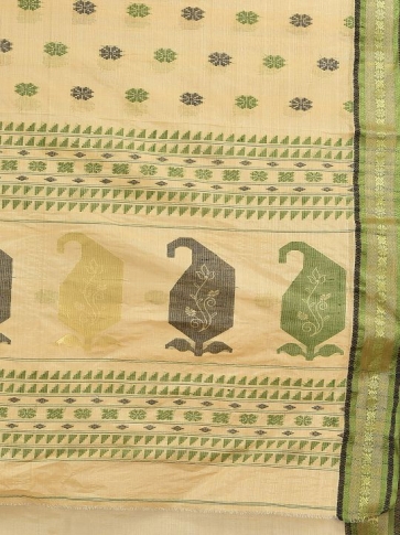 Beige with Green Tusser Cotton fine quality Hand woven saree 2