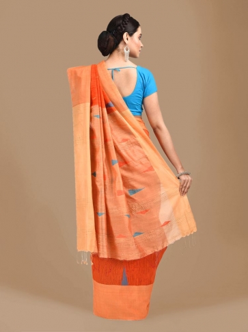 Orange Blended Cotton Hand woven Saree 1
