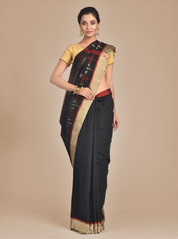 Black Blended Cotton Hand woven Saree