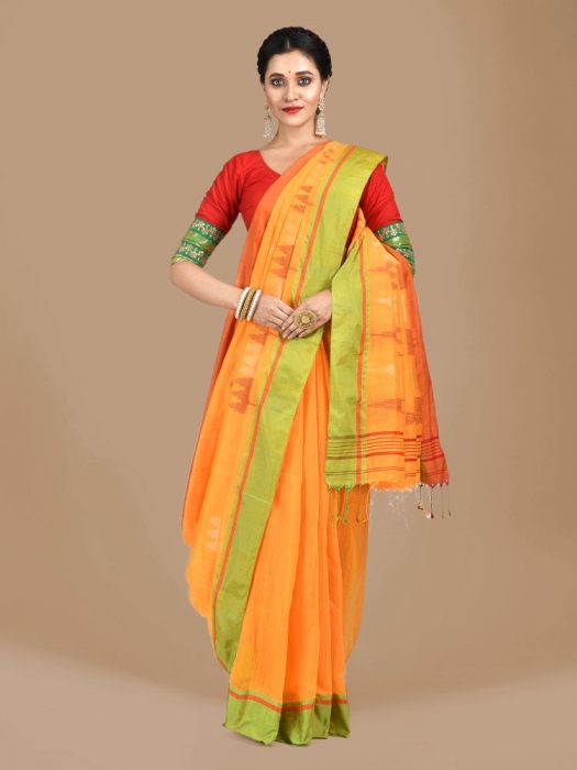 Yellow Blended Cotton Hand woven Saree