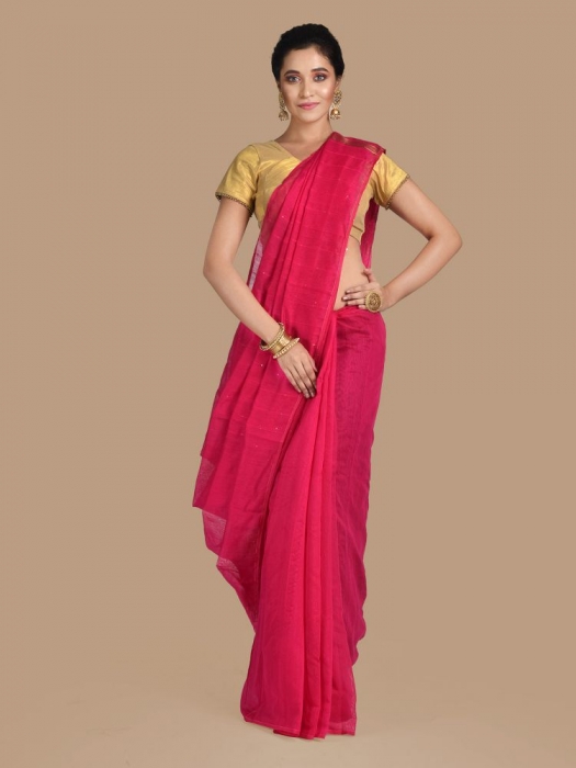 Pink Blended Cotton Hand woven Saree with sequin work