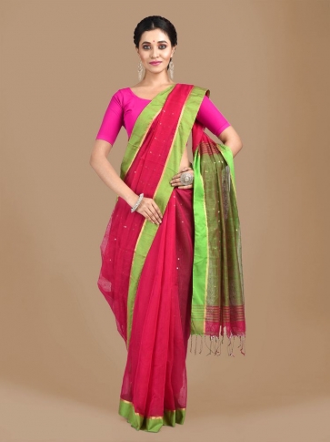 Pink and Green border Blended Cotton Hand woven saree with sequin work