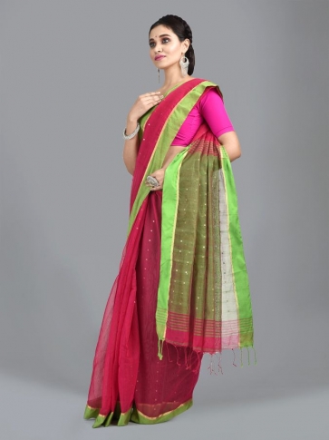 Pink and Green border Blended Cotton Hand woven saree with sequin work 0