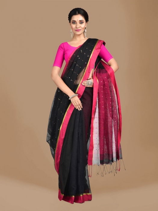 Black and Pink border Blended Cotton Hand woven saree with sequin work