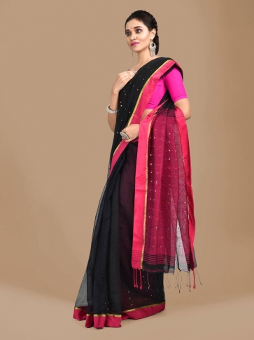 Black and Pink border Blended Cotton Hand woven saree with sequin work 0