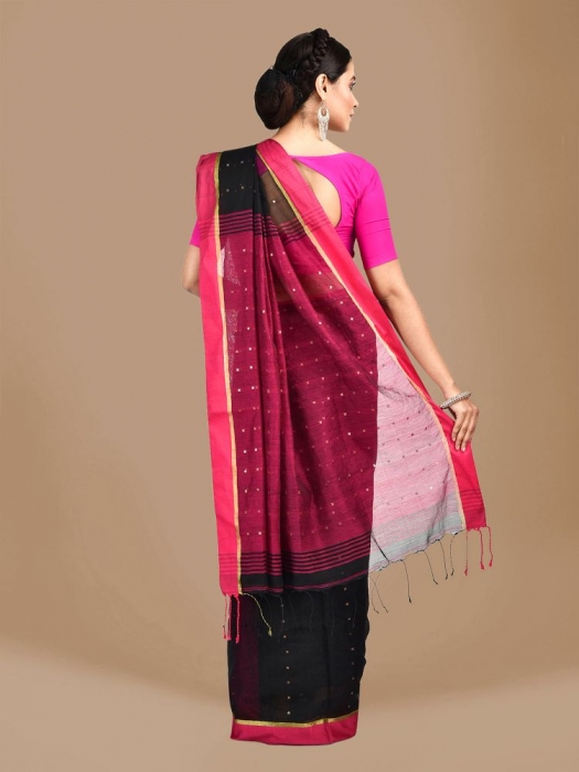 Black and Pink border Blended Cotton Hand woven saree with sequin work 1