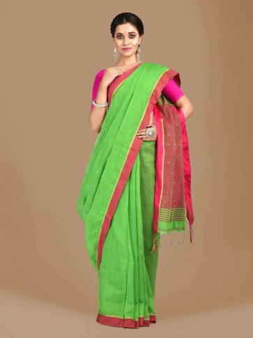 Green and Pink border Blended Cotton Hand woven saree with sequin work