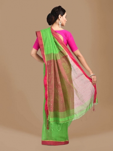 Green and Pink border Blended Cotton Hand woven saree with sequin work 1