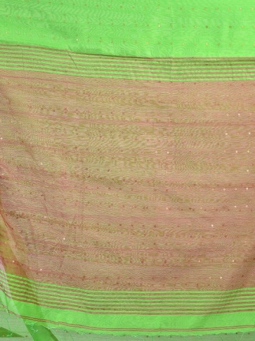 Green and Pink border Blended Cotton Hand woven saree with sequin work 2
