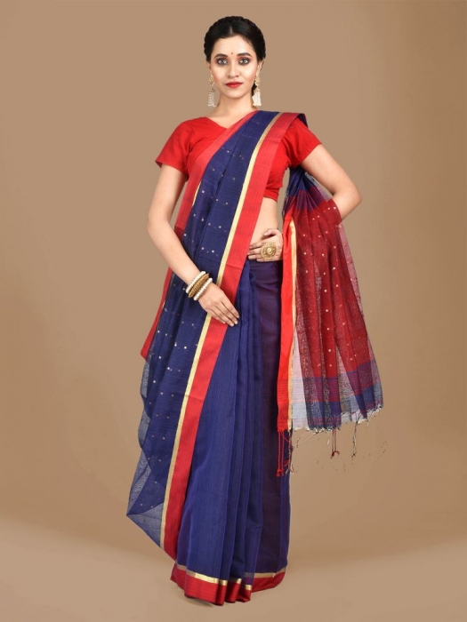 Blue and Red border Blended Cotton Hand woven saree with sequin work