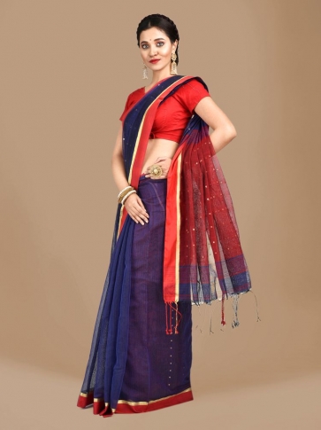 Blue and Red border Blended Cotton Hand woven saree with sequin work 0