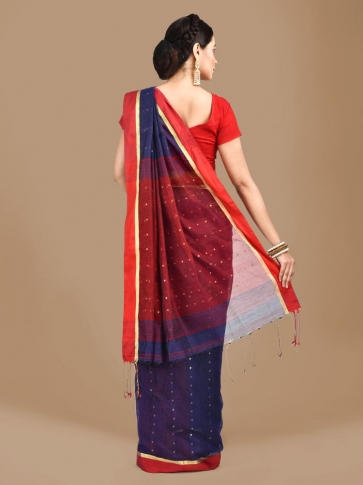 Blue and Red border Blended Cotton Hand woven saree with sequin work 1