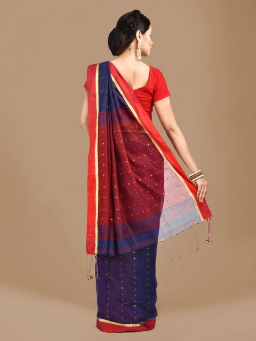 Blue and Red border Blended Cotton Hand woven saree with sequin work 1
