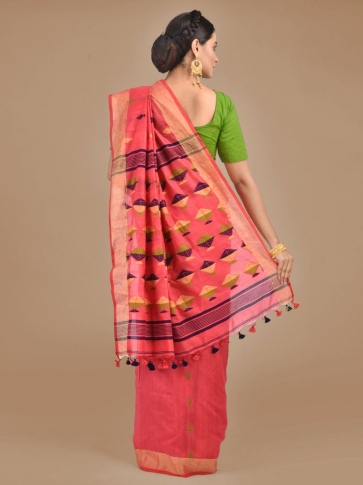 Peach Blended Cotton Hand woven saree 1