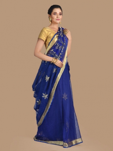 Blue Blended Cotton Hand woven Saree with zari work 0