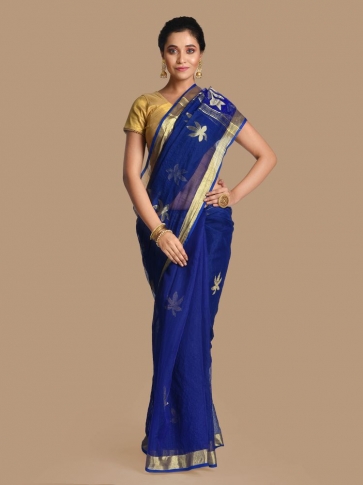 Blue Blended Cotton Hand woven Saree with zari work