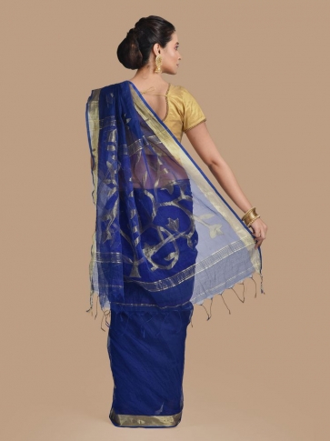 Blue Blended Cotton Hand woven Saree with zari work 1