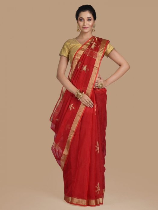 Red Blended Cotton Hand woven Saree with zari work