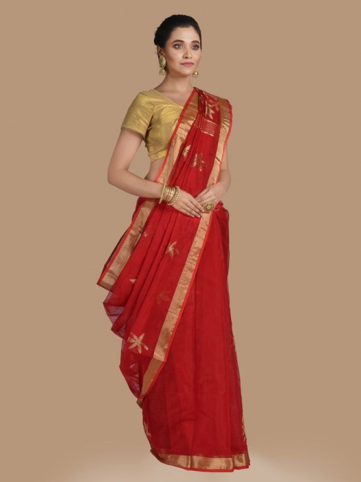 Red Blended Cotton Hand woven Saree with zari work 0