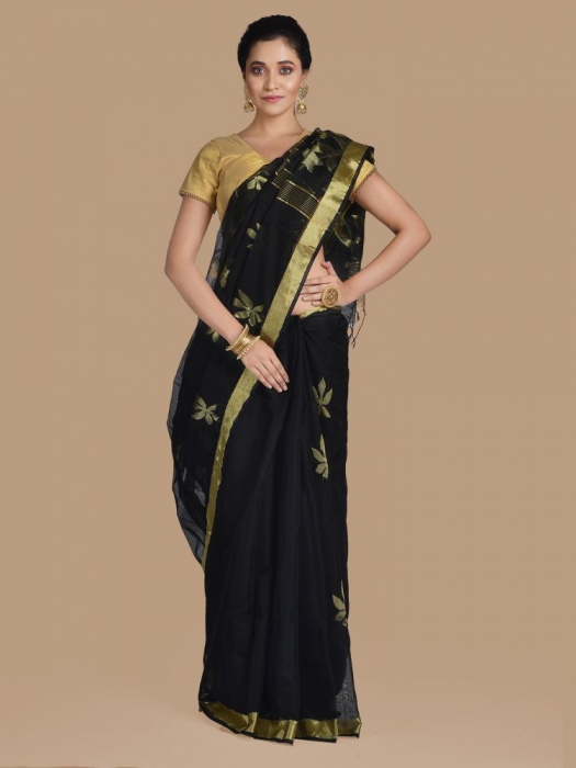 Black Blended Cotton Hand woven Saree with zari work