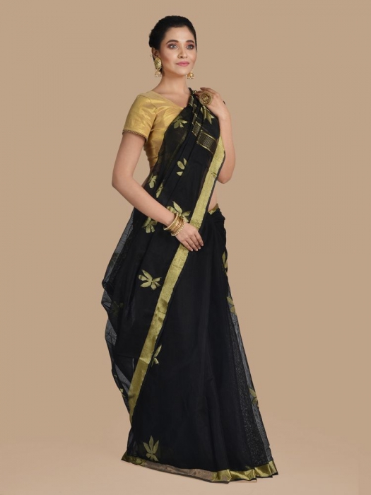 Black Blended Cotton Hand woven Saree with zari work 0