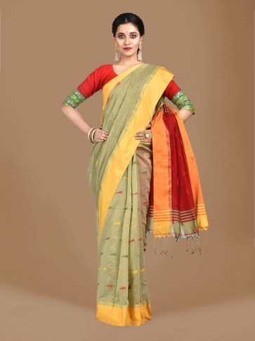 Beige Blended Cotton Hand woven Saree with Red pallu