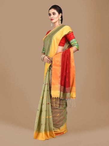 Beige Blended Cotton Hand woven Saree with Red pallu 0