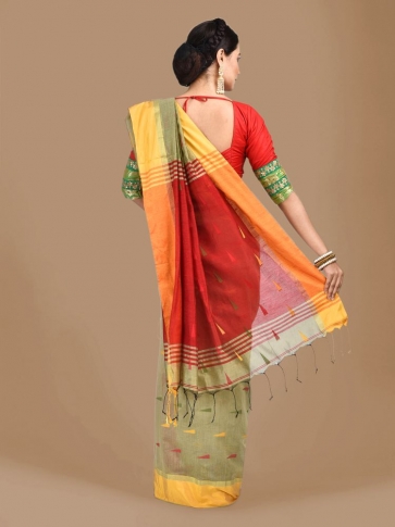 Beige Blended Cotton Hand woven Saree with Red pallu 1