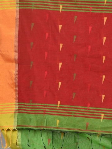 Beige Blended Cotton Hand woven Saree with Red pallu 2