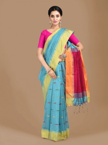 Blue Blended Cotton Hand woven Saree with Magenta pallu