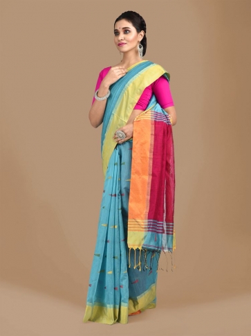 Blue Blended Cotton Hand woven Saree with Magenta pallu 0