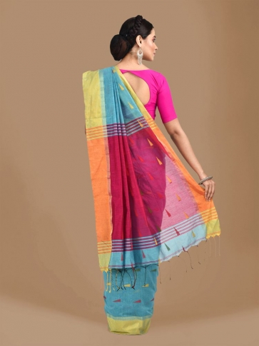 Blue Blended Cotton Hand woven Saree with Magenta pallu 1