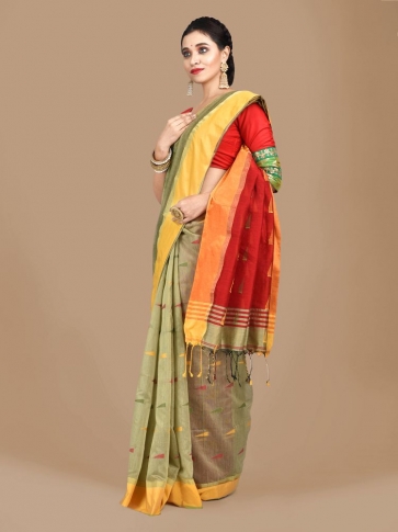 Beige Blended Cotton Hand woven Saree with Red pallu 0
