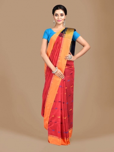 Peach Blended Cotton Hand woven Saree with Blue pallu