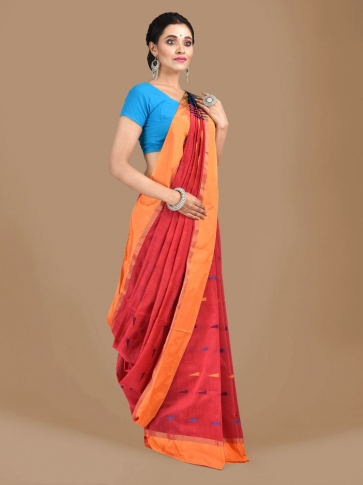 Peach Blended Cotton Hand woven Saree with Blue pallu 0
