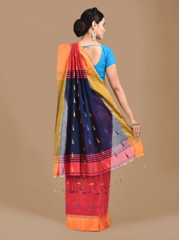 Peach Blended Cotton Hand woven Saree with Blue pallu 1