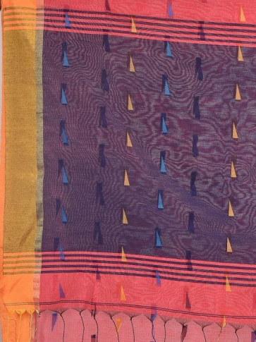 Peach Blended Cotton Hand woven Saree with Blue pallu 2