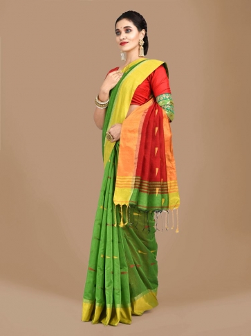 Light Green Blended Cotton Hand woven Saree with Red pallu 0