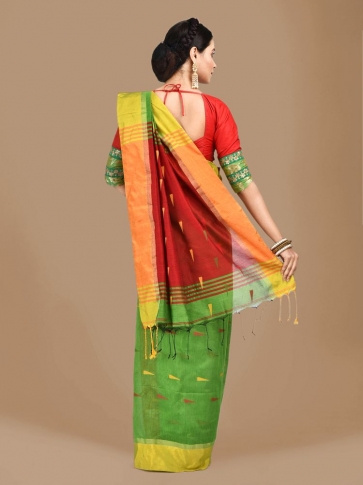 Light Green Blended Cotton Hand woven Saree with Red pallu 1